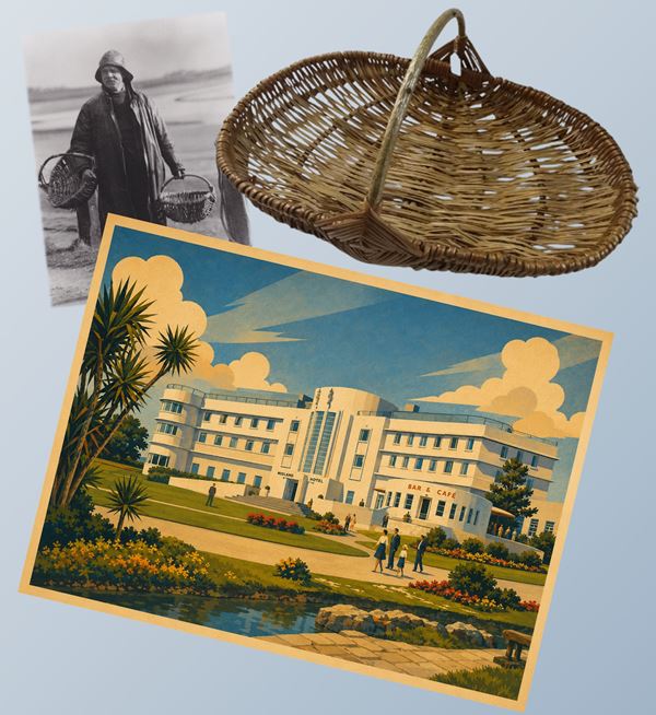 photo of fisherman holding two baskets, and close up photo of a similar basket, above vintage style image of the Midland Hotel, Morecambe. 